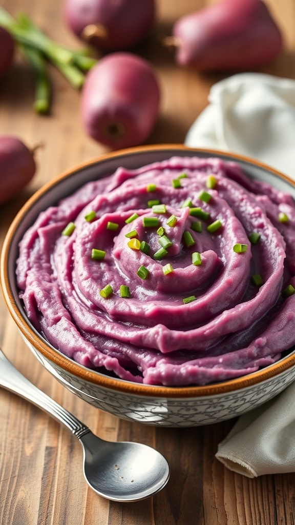 A bowl of creamy purple mashed potatoes garnished with chives, on a rustic table with whole purple potatoes.